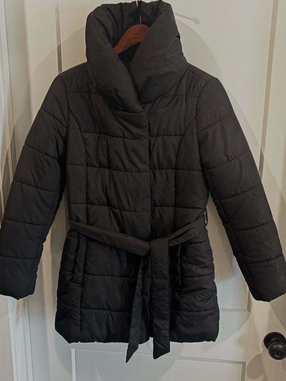Missimo Women's Black Belted Puffer Coat with High Funnel Collar